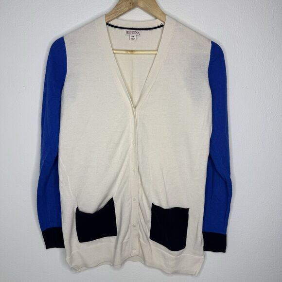 Merona Sweater Cardigans Blue & White Button Down Pearl Long Sleeve Womens Small - Picture 8 of 16